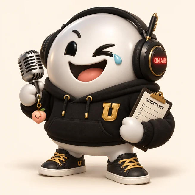 Podbutt mid-laugh in headphones with an ON AIR light, a black hoodie with a gold U, a microphone with a peach keychain and a GUEST LIST clipboard.